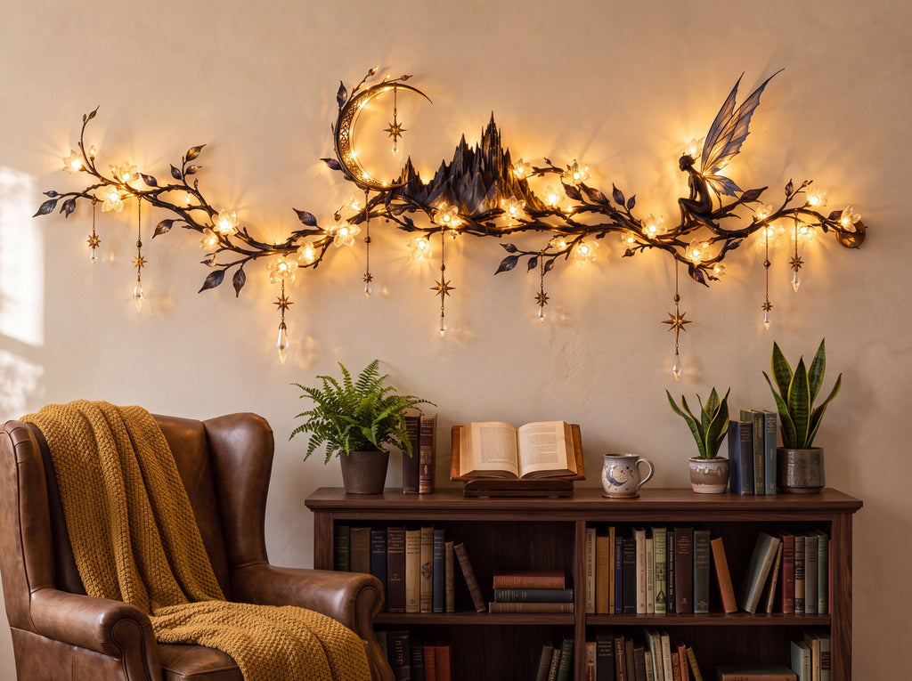 A Court of Thorns and Roses wall light glowing above a bookshelf reading corner