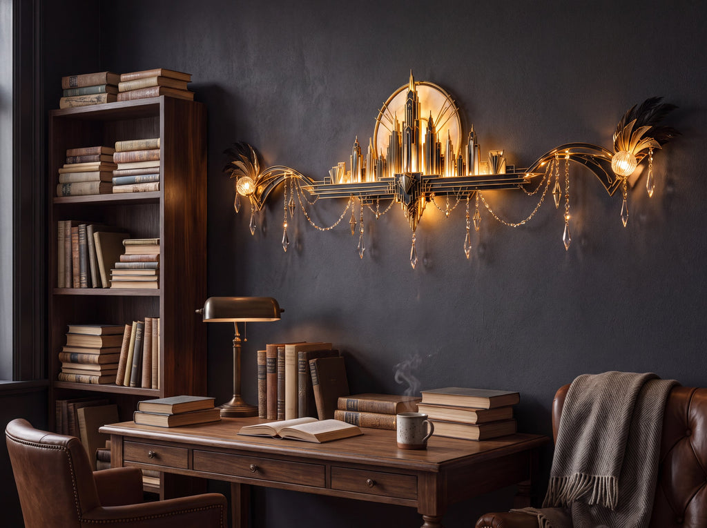 The Great Gatsby art deco wall light glowing on a dark reading-room wall