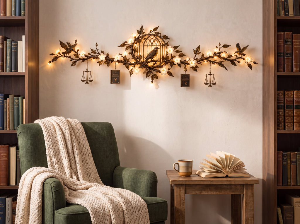 To Kill a Mockingbird wall light glowing above a reading armchair