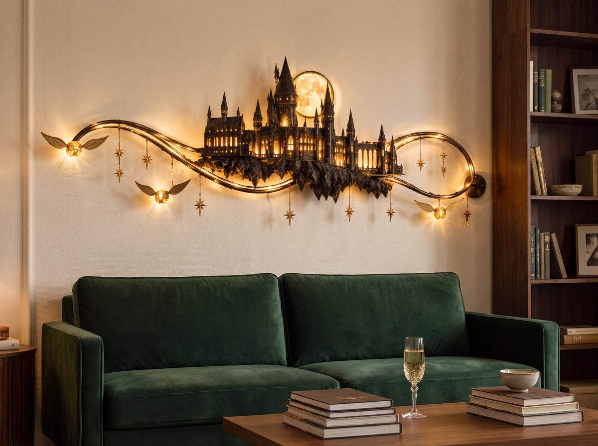 Harry Potter castle wall light glowing above a green velvet sofa