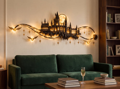 Harry Potter castle wall light glowing above a green velvet sofa