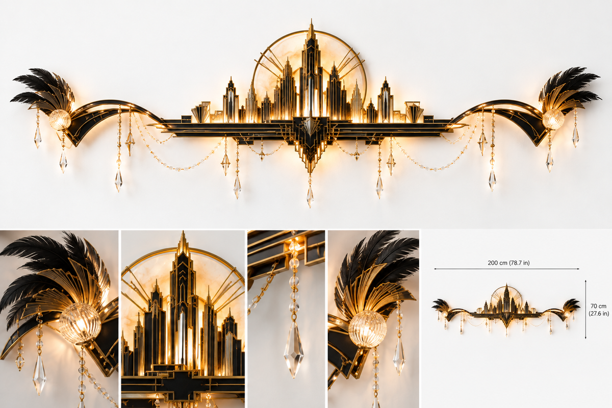 Everlorec The Great Gatsby art deco wall light, glowing